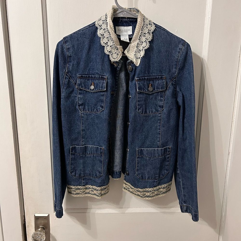 Denim Jacket with Lace Trim